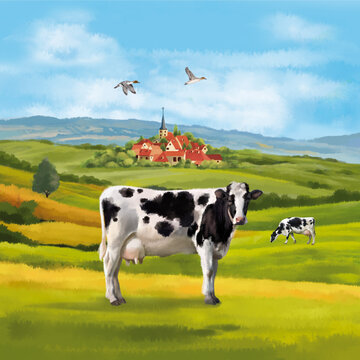 vache laitière, aquarelle , ferme, animal, bétail, gazon, champ, prairie, agricultura, noir, blanc, exploitation laitière, lait, vert, alpage, vache laitière, pâturage, agriculture, bétail, ciel, rura