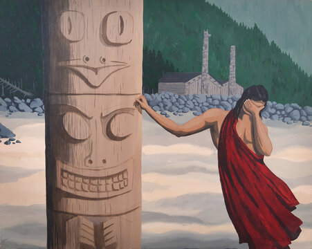 A Haida leans against a totem pole, engrossed in a tragedy of unknown nature.  