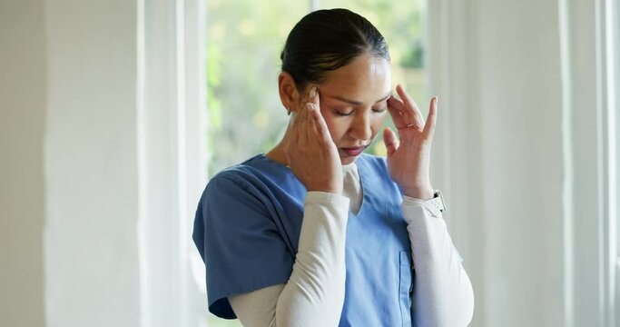 Thinking, headache and stress by woman nurse in hospital with mistake, trauma or crisis. Healthcare, fail and female health expert with temple massage for vertigo, brain fog or conflict fail anxiety