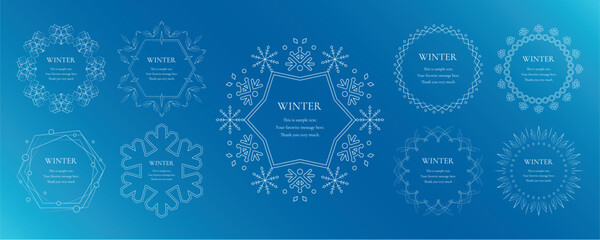 素材_フレームのセット_雪の結晶と光をモチーフにした冬の飾り枠。高級感のある囲みのデザイン