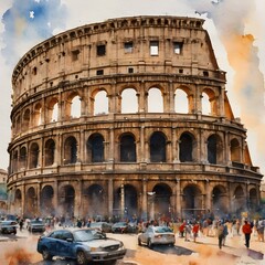 Naklejka premium watercolor illustration of a colosseum in rome italy