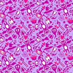 Halloween cartoon doodle seamless bat and cat and ghost and skulls pattern for wrapping paper and fabrics