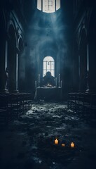 Gothic abandoned dark church interior. Mystic, horror, surreal, dramatic scene. Halloween realistic disturbing background. Digital 3D illustration wallpaper