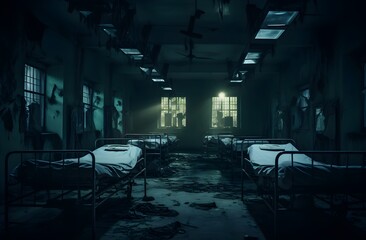 Dim light shining in a ghostly old hospital interior room with operating table. Rubble and debris on floor and walls. Ghost town. Horror movie scene, mysterious