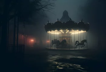 Foto auf Acrylglas Creepy, Abandoned and Haunted Amusement Park, carousel, dark tragic foggy atmosphere, Fairground, red  purple Circus, Illustration concept Art © Vladislava
