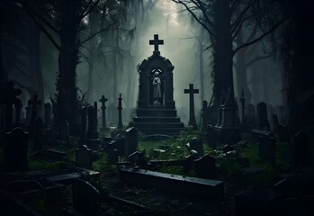 Fototapeta premium Horizontal banner with night nature scene. Mysterious gothic foggy cemetery landscape Halloween scene with medieval stone crosses, tombstones and church in dark green forest. Photo vintage toned 