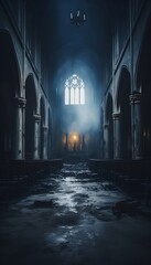 Obraz premium Gothic abandoned dark church interior. Mystic, horror, surreal, dramatic scene. Halloween realistic disturbing background. Digital 3D illustration wallpaper