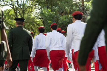 Military school students parade in the street during a tribute to Brazilian Independence Day in the...