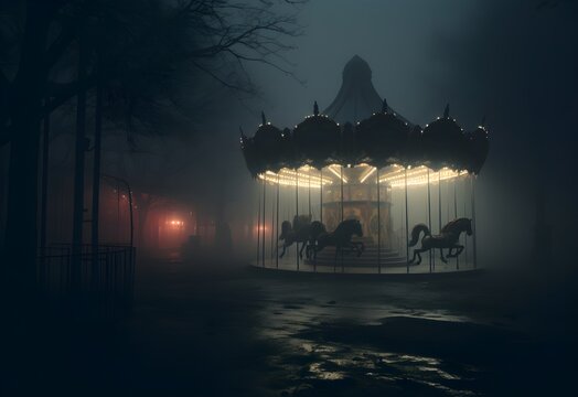 Creepy, Abandoned and Haunted Amusement Park, carousel, dark tragic foggy atmosphere, Fairground, red  purple Circus, Illustration concept Art