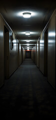 Dark mysterious corridor in old building. Door room perspective in lonely quiet home with walkway heading to the light at the end of the way, black and white style. horror scene fear concept, hostel - obrazy, fototapety, plakaty
