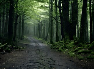 Fototapeta premium Photo of green foggy forest lonely path. Fairy tale magical spooky looking woods in a misty day. Cold foggy morning in horror scene