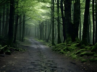 Photo of green foggy forest lonely path. Fairy tale magical spooky looking woods in a misty day. Cold foggy morning in horror scene