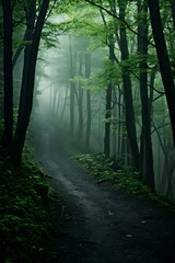 Fototapeta premium Photo of green foggy forest lonely path. Fairy tale magical spooky looking woods in a misty day. Cold foggy morning in horror scene