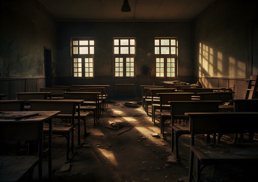 Abandoned school class room at city zone of radioactivity, ghost town, old horror school scene, empty building, books