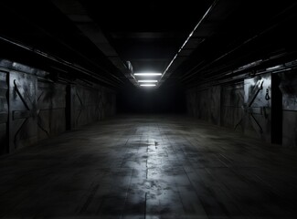 Dark mysterious corridor in old building. Door room perspective in lonely quiet home with walkway...