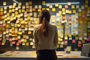 Stressed Young female employee standing backwards with conflicting priorities and To many sticky notes and reminders in the office - obrazy, fototapety, plakaty