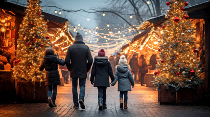 A family with their daughters walks through the Christmas market between tents and decorated fir trees. The city is illuminated by lights of garlands