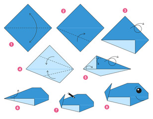 Whale origami scheme tutorial moving model. Origami for kids. Step by step how to make a cute origami marine animal. Vector illustration.