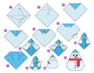 Snowman origami scheme tutorial moving model. Origami for kids. Step by step how to make a cute origami snowman. Vector illustration.