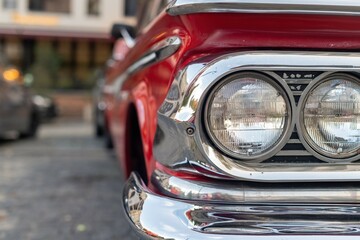 Close-up of the headlights of an American retro car.