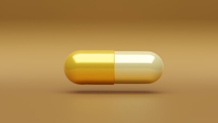 One golden shining capsule pill on a orange background - Medicine healthcare medicaments