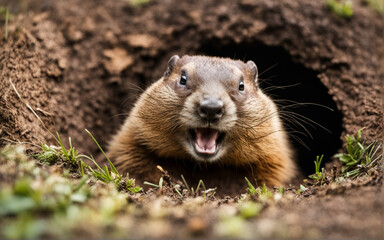 Obraz premium Groundhog Day. Coming out of a hole in the Groundhog smilling. Space for text. Generative AI