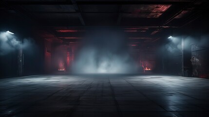 Empty concrete basement, neon light, spotlights, smoke. Generation AI - obrazy, fototapety, plakaty