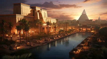 Ancient Egyptian majestic architecture, fantasy landscape. Generation AI - obrazy, fototapety, plakaty