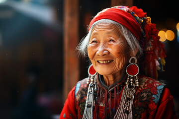 Smiling elderly Asian woman. Old person. AI. - obrazy, fototapety, plakaty