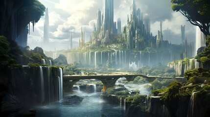 Fantasy city with waterfalls. Generation AI