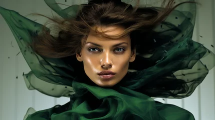 Woman Wrapped in Green Dress: Joyful Studio Portrait. Girl in Intense Emerald Fashion. Glamour in Black and Green © MD Media