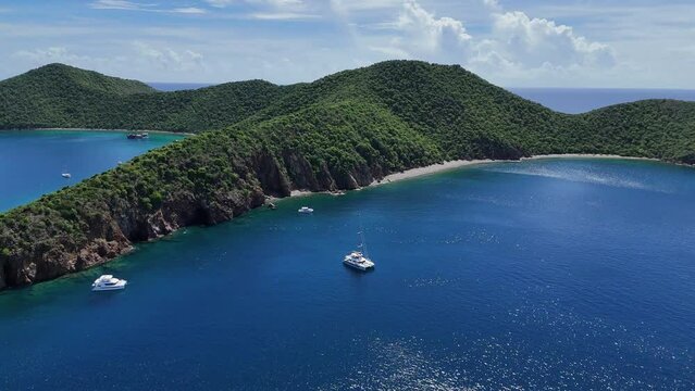 British Virgin Islands, Norman Island Drone Aerial Shot; Yachts and Sailboats