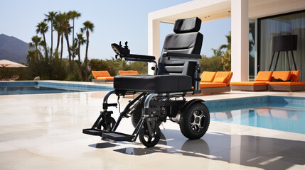 Black electric wheelchair in front of the swimming pool of a mid-century modern house, palm trees in the background