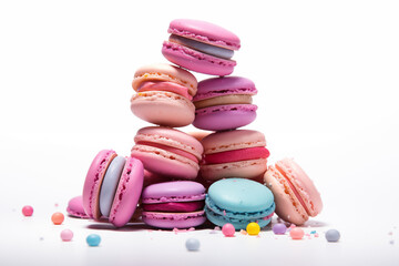 Colorful macarons stacked on top of each other, on white backgound