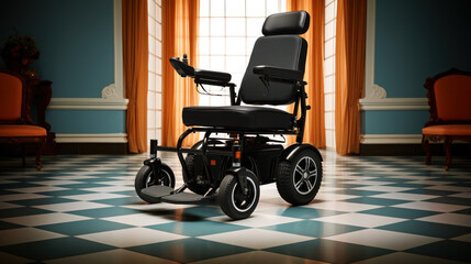 Empty electric wheelchair on a blue checkered floor inside a stylish hallway with a luxurious interior