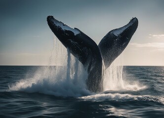 Fototapeta premium The moment a humpback whale dives into the ocean. its body or tail above the surface of the water