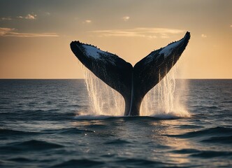 The moment a humpback whale dives into the ocean. its body or tail above the surface of the water