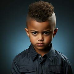 Obraz premium Portrait of an angry little Latin boy with brown hair. Closeup face of a furious Latin American child on a dark background looking at camera. Front view of an outraged irritated kid in casual clothes.