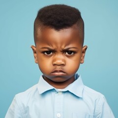 Portrait of an angry African little boy with brown hair. Closeup face of a furious African American child on a blue background looking at the camera. Front view of an outraged kid in a blue shirt. - obrazy, fototapety, plakaty