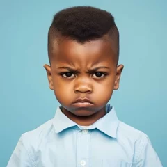 Fotobehang Portrait of an angry African little boy with brown hair. Closeup face of a furious African American child on a blue background looking at the camera. Front view of an outraged kid in a blue shirt. © Valua Vitaly