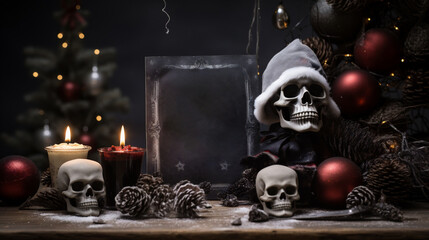 Still life with human skull and christmas decoration on dark background