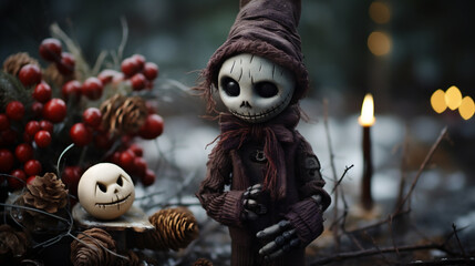 Christmas decoration with ghost and candle in dark forest. 