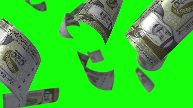 Falling Saudi Arabia riyal banknotes. Seamless loop Green screen.