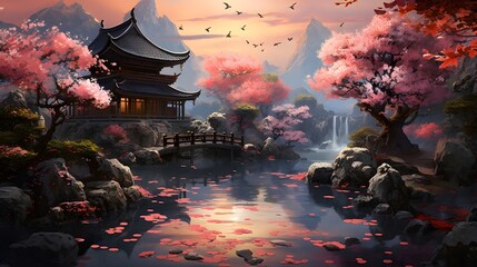 Spring Serenity: Japanese Temple Garden with Cherry Blossoms and a Lake