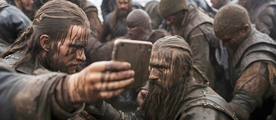 Obraz premium group of Vikings posing for a selfie. AI generated.