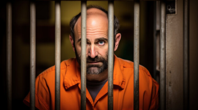 Inmate in orange clothes behind the bars