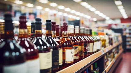Rows of wine bottles on shelf in supermarket