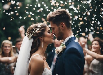 The wedding moment of the groom and bride, guests in the background, lights and confetti.
 - obrazy, fototapety, plakaty