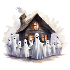 scary ghost, halloween ghost, ghost house illustration images,scary ghost standing outside the house
