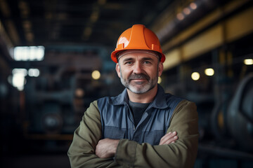 Portrait of Industry maintenance engineer man wearing uniform and safety hard hat on factory station.,construction, industry